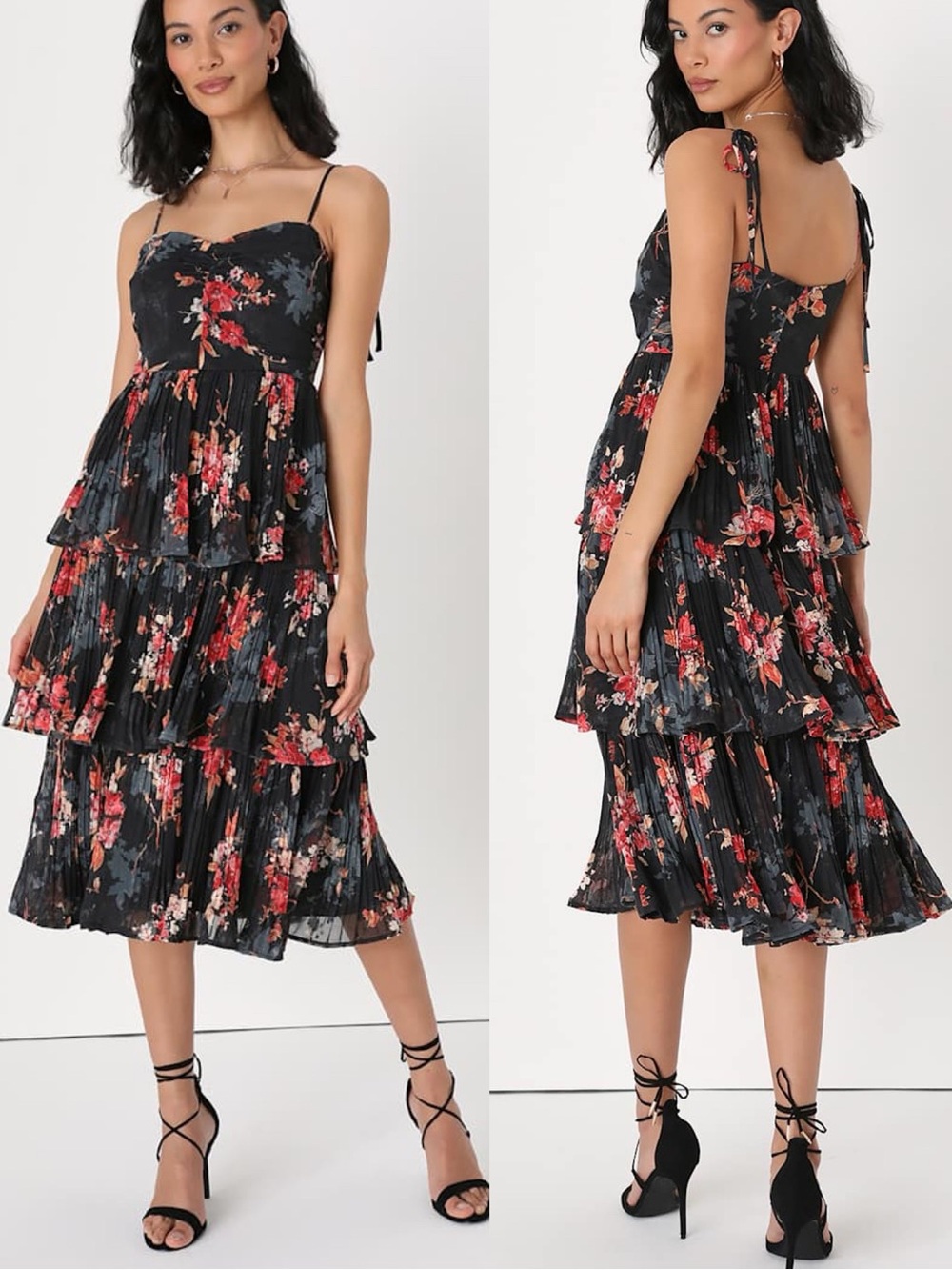 Lulus | Tier to Stay Black Floral Print Tiered Tie-Strap Midi Dress